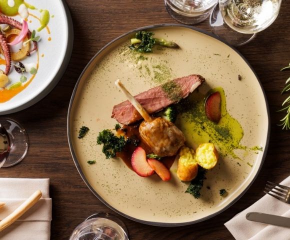 A gourmet dish featuring lamb chops, sliced steak, roasted potatoes, and greens on a beige plate, with a side of seafood salad, exuding elegance.