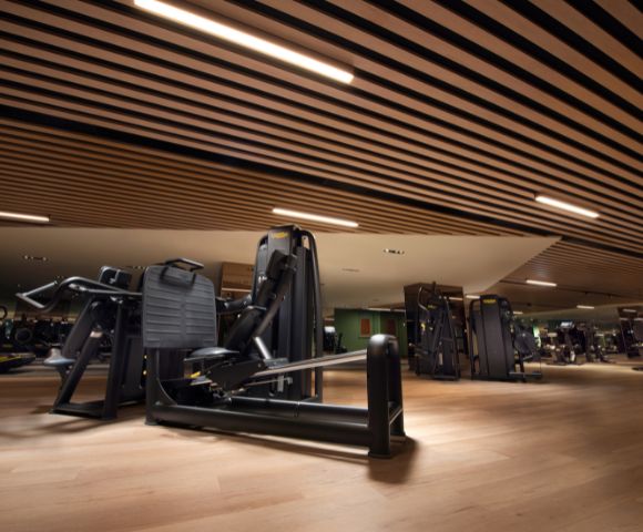 Modern gym interior with sleek black exercise machines on wooden floors. The ceiling features stylish wooden slats, creating a focused and energetic atmosphere.