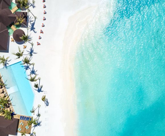 Aerial view of a tropical beach with turquoise water, white sand, palm trees, and beach umbrellas arranged in a line. Calm and serene atmosphere.