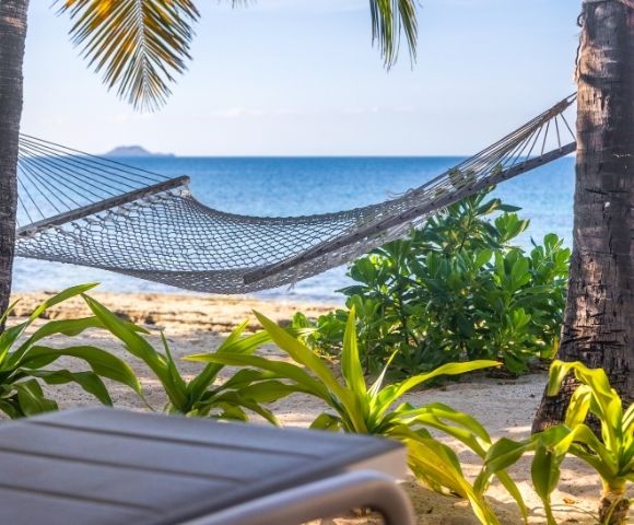 A hammock hangs between palm trees on a tropical beach, with vibrant green plants and a serene ocean view, conveying a tranquil, relaxing vibe.