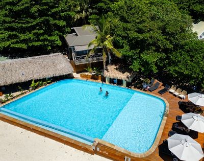 Aerial view of a tropical pool surrounded by lush greenery and thatched huts. Two people swim, while lounge chairs and umbrellas line the wooden deck. Relaxing vibe.