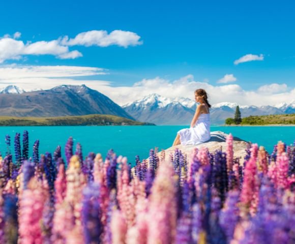 A woman in a white dress sits peacefully on a rock by a turquoise lake, surrounded by vivid purple and pink lupines, with snow-capped mountains in the background.
