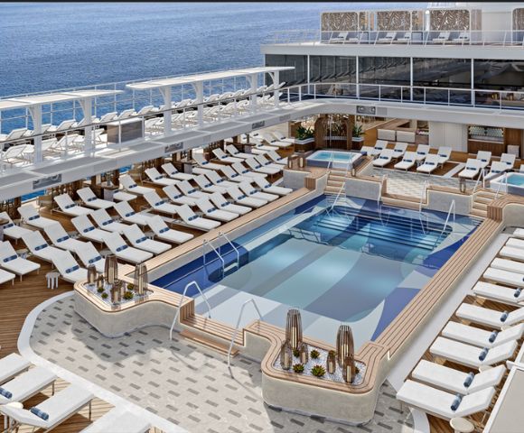 Luxurious cruise ship deck with elegant pool surrounded by numerous white lounge chairs. Calm ocean in the background, conveying relaxation and leisure.