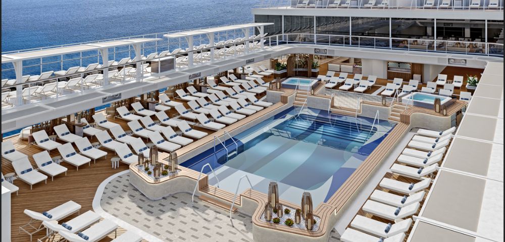 Luxurious cruise ship deck with elegant pool surrounded by numerous white lounge chairs. Calm ocean in the background, conveying relaxation and leisure.