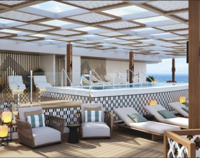 Luxurious rooftop terrace featuring a stylish pool, modern loungers, and elegant decor. The serene setting offers ocean views, evoking relaxation.