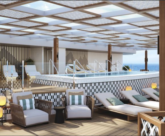Luxurious rooftop terrace featuring a stylish pool, modern loungers, and elegant decor. The serene setting offers ocean views, evoking relaxation.