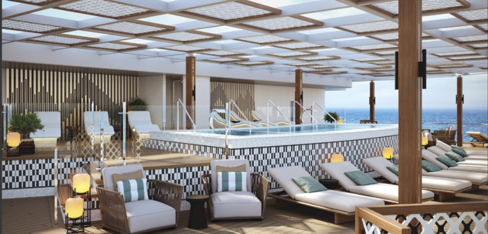 Luxurious rooftop terrace featuring a stylish pool, modern loungers, and elegant decor. The serene setting offers ocean views, evoking relaxation.