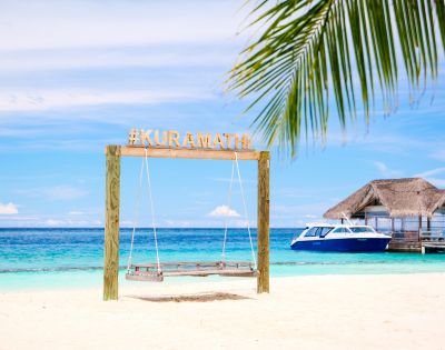 Tropical beach scene with a wooden swing marked 