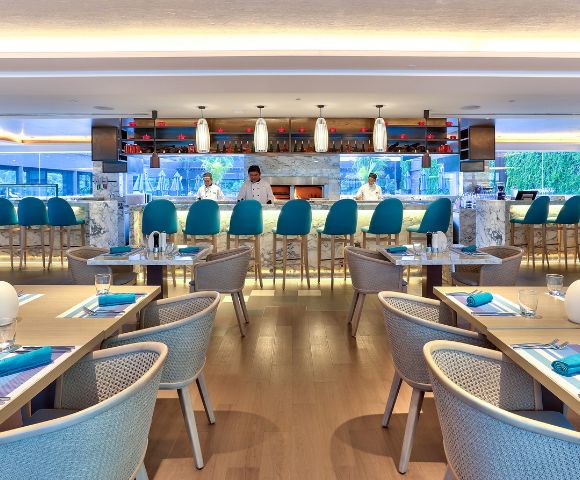 Modern restaurant interior with a sleek marble bar, teal chairs, and tables set for dining. Soft lighting creates a welcoming, elegant atmosphere.