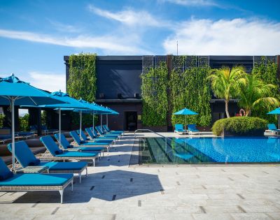 Lounge chairs with blue umbrellas line a poolside under a clear sky, alongside a building covered in lush green vines and palm trees, conveying a serene and tropical atmosphere.