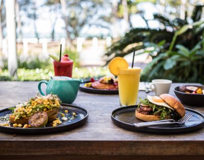 A vibrant outdoor brunch setting on a wooden table featuring an avocado dish, burger, smoothies, and a teapot. Lush greenery in the background.