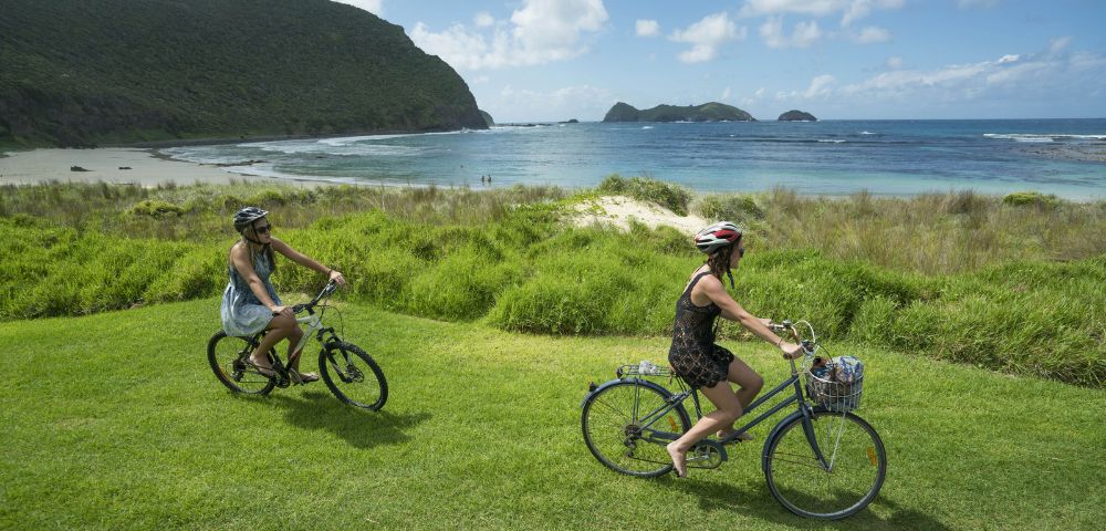 Two people ride bicycles on a grassy hill overlooking a calm ocean and distant islands under a blue sky, conveying a sense of freedom and tranquility.