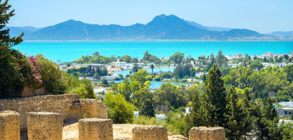 Scenic view of a coastal town with lush greenery, a sparkling blue sea, and distant mountains under a clear sky. Ancient stone ruins in the foreground.