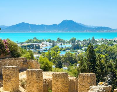 Scenic view of a coastal town with lush greenery, a sparkling blue sea, and distant mountains under a clear sky. Ancient stone ruins in the foreground.