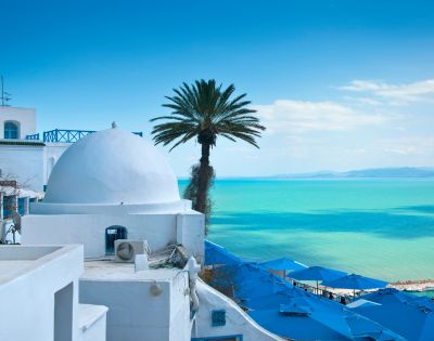 White dome-roofed buildings and palm tree overlook turquoise sea on a sunny day. Blue parasols line the shore, evoking a tranquil Mediterranean vibe.