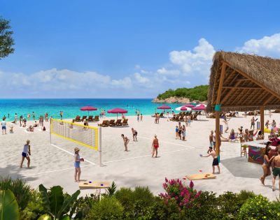 People enjoy a sunny beach with a volleyball game and cornhole. A thatched hut and pink umbrellas add a relaxed, tropical vibe by the blue ocean.