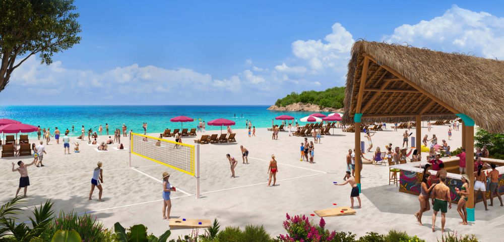 People enjoy a sunny beach with a volleyball game and cornhole. A thatched hut and pink umbrellas add a relaxed, tropical vibe by the blue ocean.