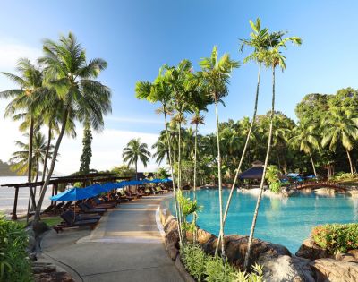 Tropical resort poolside with tall palm trees, clear blue water, and sun loungers under blue umbrellas. The setting conveys relaxation and tranquility.