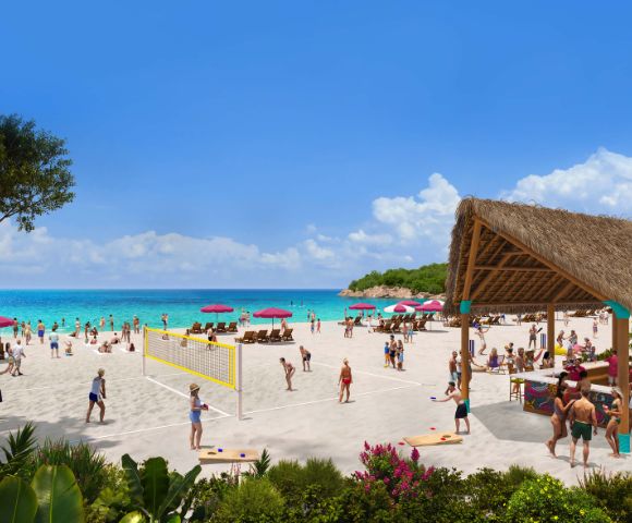 People enjoy a sunny beach, playing volleyball, lounging under pink umbrellas, and gathering at a tiki hut. The vibrant scene conveys relaxation and fun.