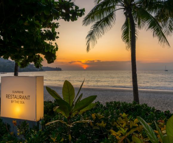 A serene beach sunset with a glowing orange sky and calm sea. Palm trees frame the view, with a 