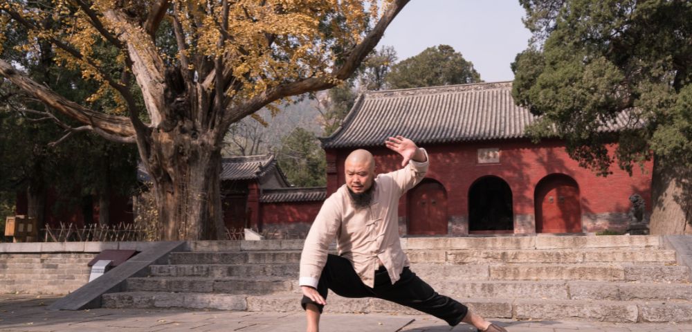 A man performs a martial arts stance in front of ancient Chinese architecture, with autumn trees and a serene atmosphere in the background.