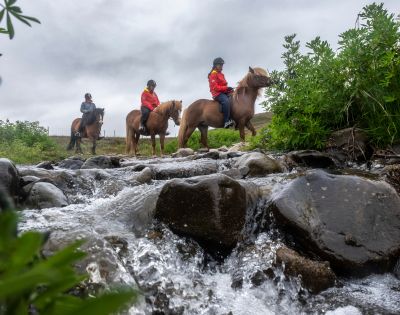 Three riders in red jackets cross a rocky stream on brown horses, surrounded by lush greenery under a cloudy sky, evoking a sense of adventure.