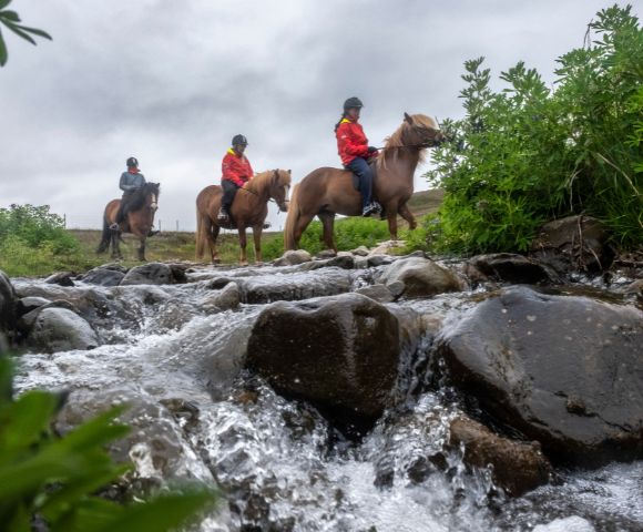 Three riders in red jackets cross a rocky stream on brown horses, surrounded by lush greenery under a cloudy sky, evoking a sense of adventure.