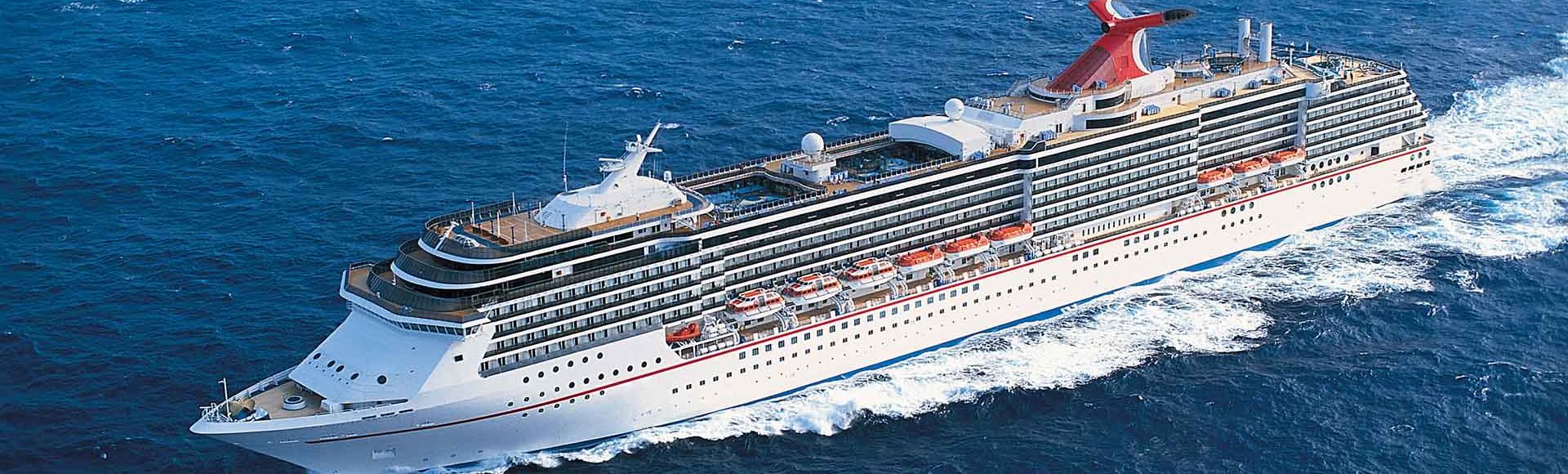 A large white cruise ship sails smoothly on calm blue waters. Multiple decks with lifeboats and a distinctive red funnel are visible, conveying relaxation and adventure.