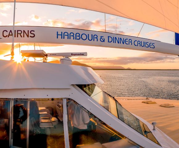 A sunset-lit cruise ship, 