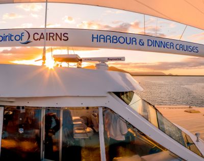A sunset-lit cruise ship, 