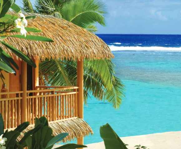 Thatched-roof hut by turquoise ocean, surrounded by lush palm trees and tropical plants, conveys a serene, tropical paradise atmosphere.