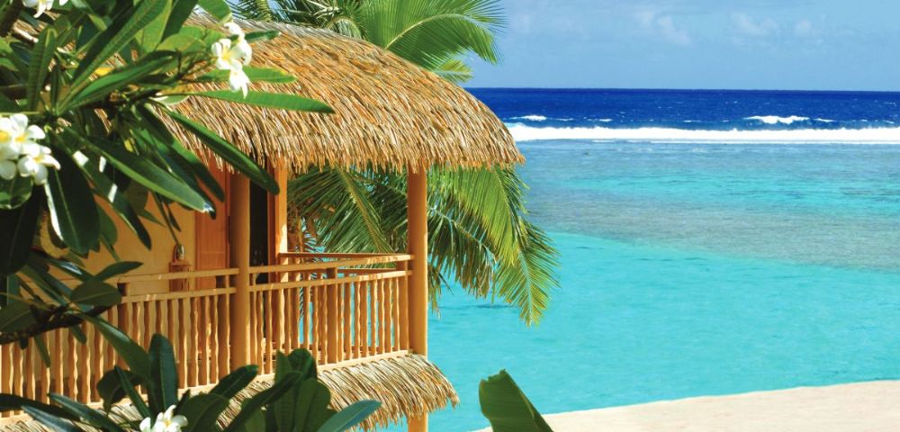 Thatched-roof hut by turquoise ocean, surrounded by lush palm trees and tropical plants, conveys a serene, tropical paradise atmosphere.