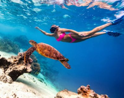 A woman in a pink bikini and snorkel gear swims underwater alongside a sea turtle over a colorful coral reef, conveying a sense of adventure and serenity.