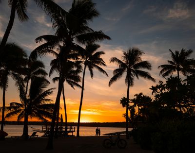 Sunset beach scene with silhouetted palm trees and two people by the shore. The sky glows with vibrant orange and yellow hues, creating a serene atmosphere.