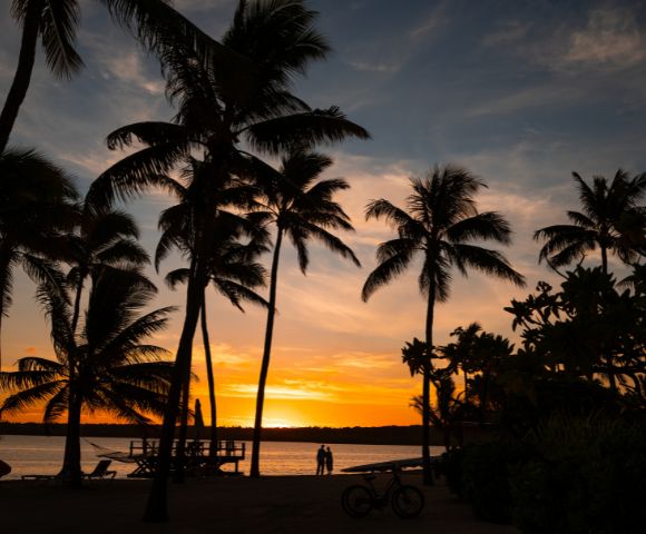Sunset beach scene with silhouetted palm trees and two people by the shore. The sky glows with vibrant orange and yellow hues, creating a serene atmosphere.