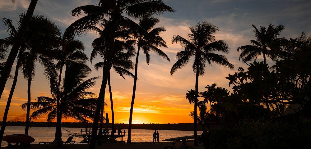Sunset beach scene with silhouetted palm trees and two people by the shore. The sky glows with vibrant orange and yellow hues, creating a serene atmosphere.