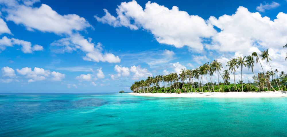 A tropical beach scene with turquoise water, white sand, and lush palm trees under a bright blue sky with fluffy clouds, conveying a serene and relaxing atmosphere.
