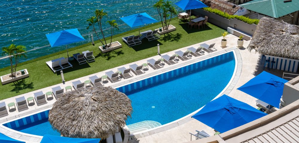 A serene poolside scene with a curved swimming pool overlooking a blue ocean. Sun loungers, umbrellas, and palm trees create a tropical atmosphere.