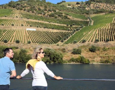 A couple enjoys a scenic view from a railing, overlooking a lush, sunlit vineyard on a hillside. The atmosphere is peaceful and picturesque.