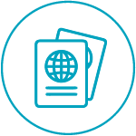 Icon of two passports with a globe symbol on the front, enclosed in a blue circular border.