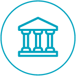 Icon of a classical building with columns, enclosed in a blue circular border.