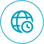 Blue globe icon with a clock, enclosed in a blue circular border.
