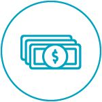 A blue icon of stacked dollar bills within a circle, symbolizing currency.