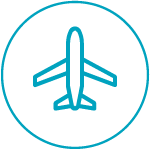 Blue outline of an airplane inside a circle, symbolizing flight or travel. Clean, modern design with a minimalist feel.
