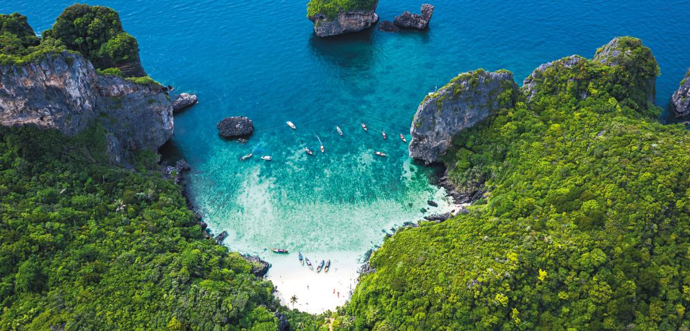 Aerial view of a secluded cove surrounded by lush green cliffs leading to a sandy beach. Turquoise water with several small boats creates a tranquil scene.