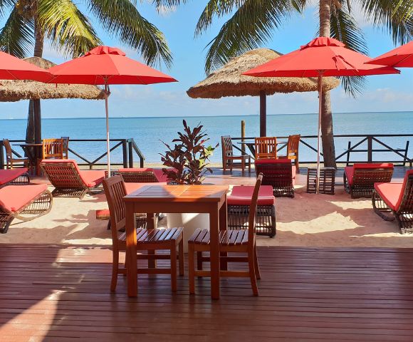 Wooden deck with a table and chairs overlooking a beach. Red loungers and umbrellas sit under palm trees, with a clear blue ocean in the background. Relaxing ambiance.