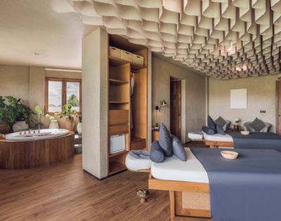Spacious spa room with two massage tables draped in gray linens, a Jacuzzi by the window, wood flooring, decorative ceiling, and lush plants. Calm ambiance.