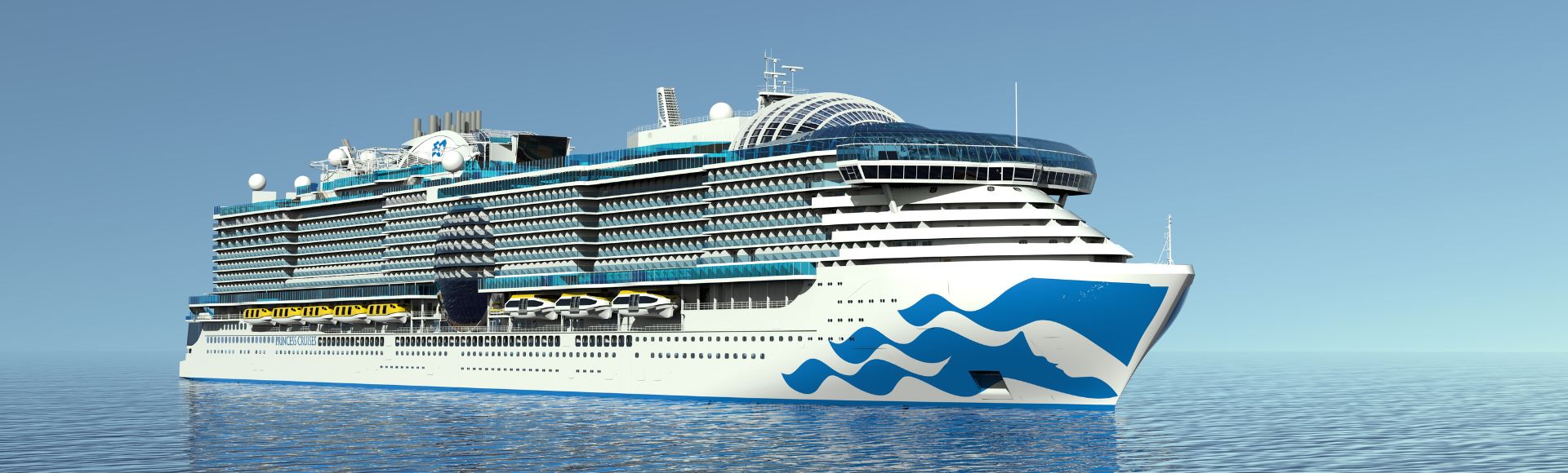 Large white and blue luxury cruise ship sailing on calm water under a clear blue sky.