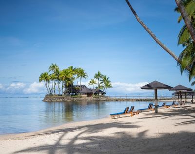 Tropical beach scene with empty lounge chairs under wooden canopies on sandy shore. Palm trees and clear blue sky create a serene and relaxing atmosphere.