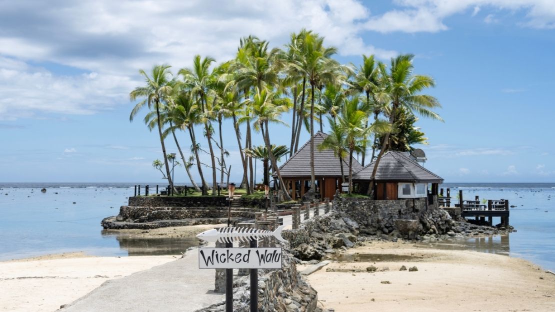 Seaside tropical scene with palm trees, a thatched-roof hut, and a sandy beach. A sign reads 